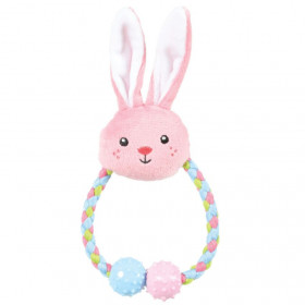 Екологична плюшена играчка за малки кученца ZOLUX Puppy Rabbit зайче с въже и топки, розов цвят